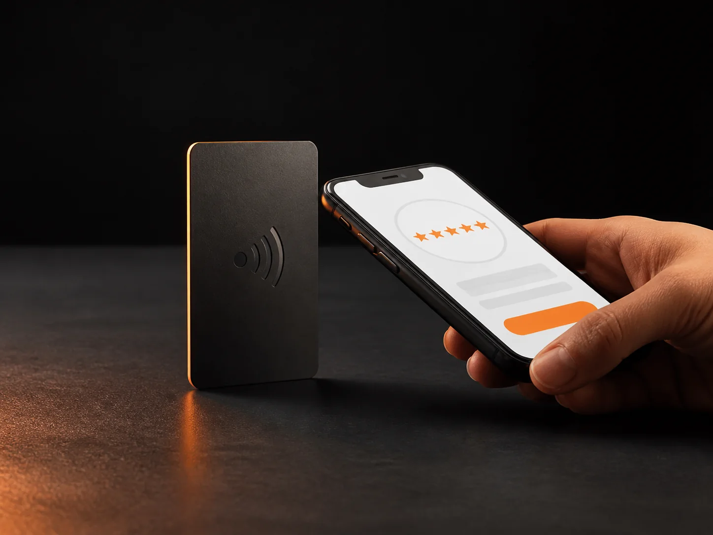 A smartphone tapping an NFC review card